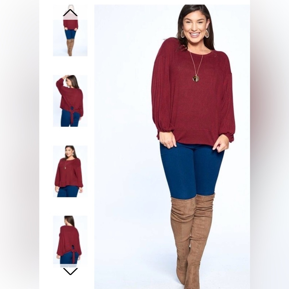 New!Plus Size Hacci Brush Balloon Sleeve Top with Peek-a-Boo Back SZ 1X 2X 3X